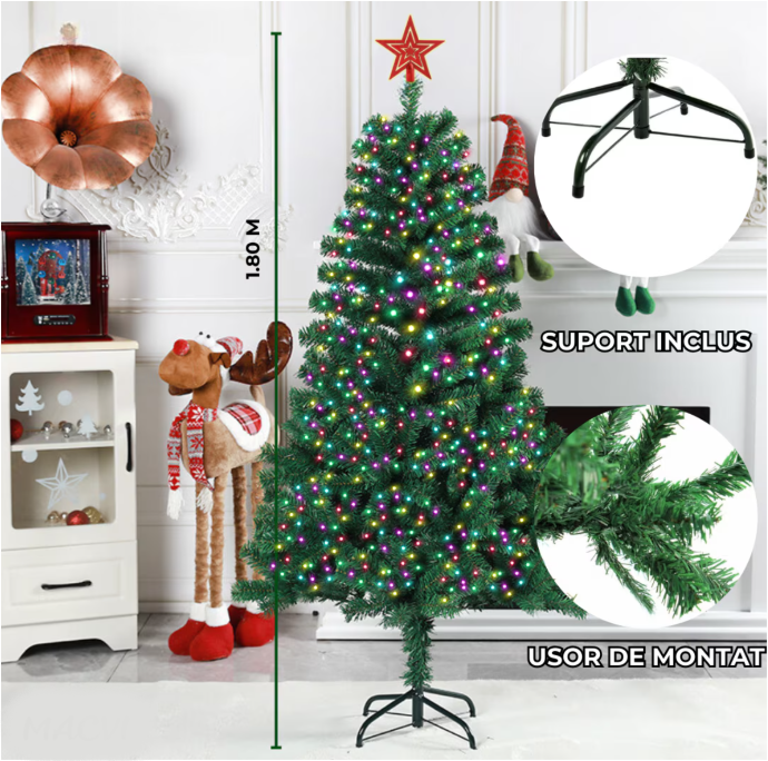 Brad Artificial de Craciun 180cm, Set Complet accesorii impodobit, suport metalic inclus