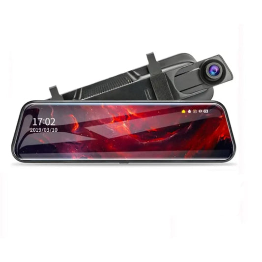 Camera auto DVR dubla tip oglinda 2K, XPD afisaj full, touch screen, ecran 9.66 inch, inregistrare video UHD 2560x1440p, night-vision, suport card 32GB, acumulator incorporat camera marsarier FHD, senzor G, senzor parcare, inregistrare in bucla