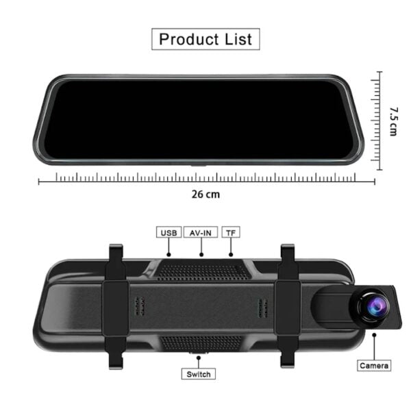 Camera auto DVR dubla tip oglinda 2K, XPD afisaj full, touch screen, ecran 9.66 inch, inregistrare video UHD 2560x1440p, night-vision, suport card 32GB, acumulator incorporat camera marsarier FHD, senzor G, senzor parcare, inregistrare in bucla