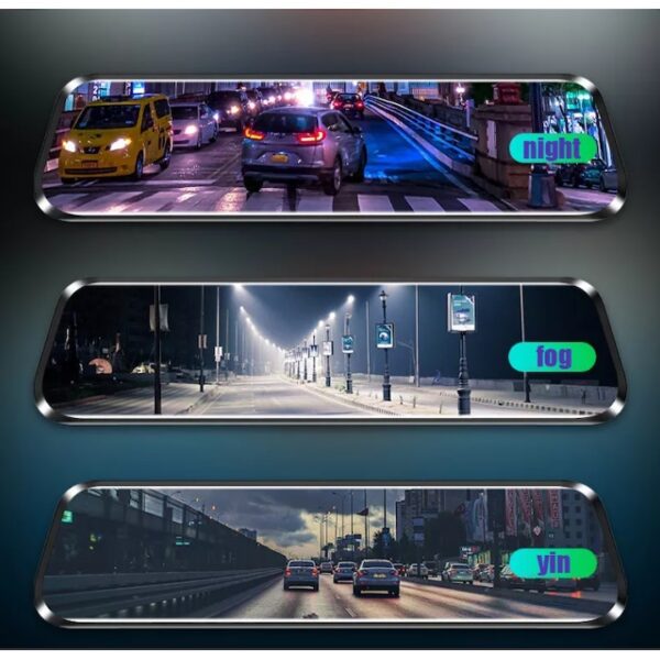 Camera auto DVR dubla tip oglinda 2K, XPD afisaj full, touch screen, ecran 9.66 inch, inregistrare video UHD 2560x1440p, night-vision, suport card 32GB, acumulator incorporat camera marsarier FHD, senzor G, senzor parcare, inregistrare in bucla