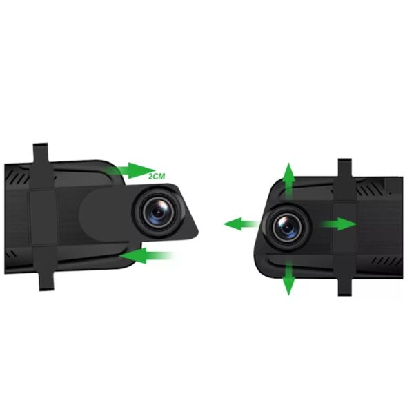 Camera auto DVR dubla tip oglinda 2K, XPD afisaj full, touch screen, ecran 9.66 inch, inregistrare video UHD 2560x1440p, night-vision, suport card 32GB, acumulator incorporat camera marsarier FHD, senzor G, senzor parcare, inregistrare in bucla