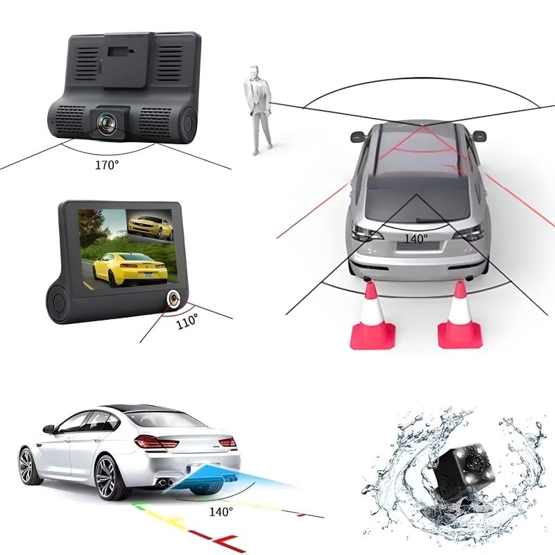 Camera Auto Tripla Fata, Interior, Spate, 4", Full HD, Design Tip Monitor, Negru