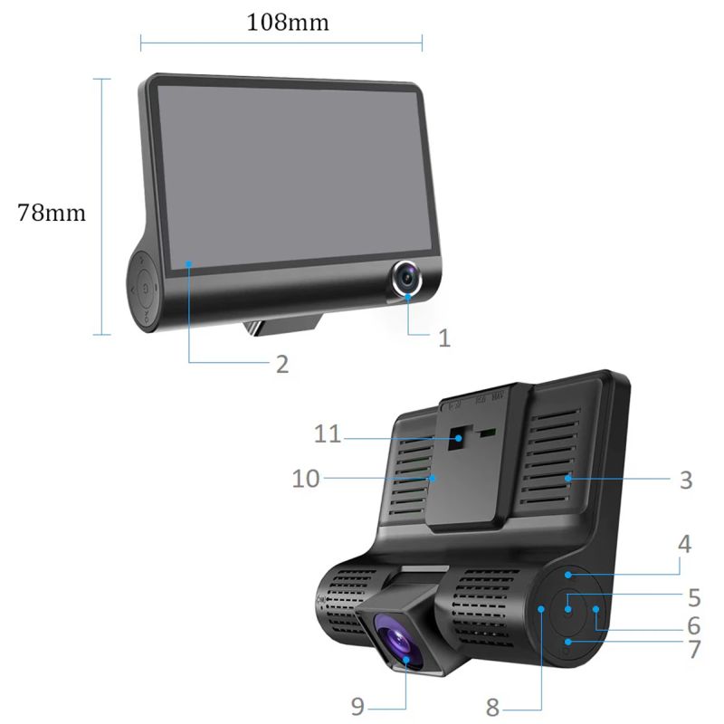 Camera Auto Tripla Fata, Interior, Spate, 4", Full HD, Design Tip Monitor, Negru