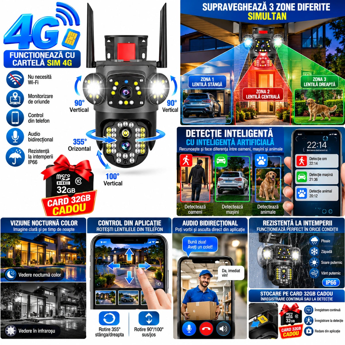 Cameră de Supraveghere 4G cu Cartelă SIM și conexiune Cablu Internet Exterior, interior, 4 Lentile, Rotire 355°, 12MP Vedere Nocturnă Color, Detecție Inteligentă AI, Audio Bidirecțional, Rezistentă la Apă IP66, Card 32GB Cadou