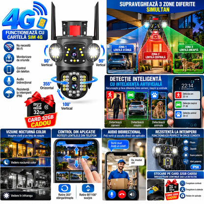 Cameră de Supraveghere 4G cu Cartelă SIM și conexiune Cablu Internet Exterior, interior, 4 Lentile, Rotire 355°, 12MP Vedere Nocturnă Color, Detecție Inteligentă AI, Audio Bidirecțional, Rezistentă la Apă IP66, Card 32GB Cadou