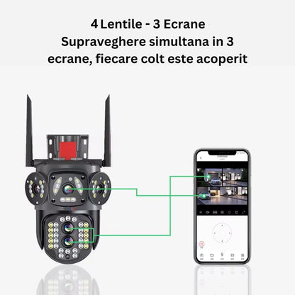 Cameră de Supraveghere 4G cu Cartelă SIM și conexiune Cablu Internet Exterior, interior, 4 Lentile, Rotire 355°, 12MP Vedere Nocturnă Color, Detecție Inteligentă AI, Audio Bidirecțional, Rezistentă la Apă IP66, Card 32GB Cadou