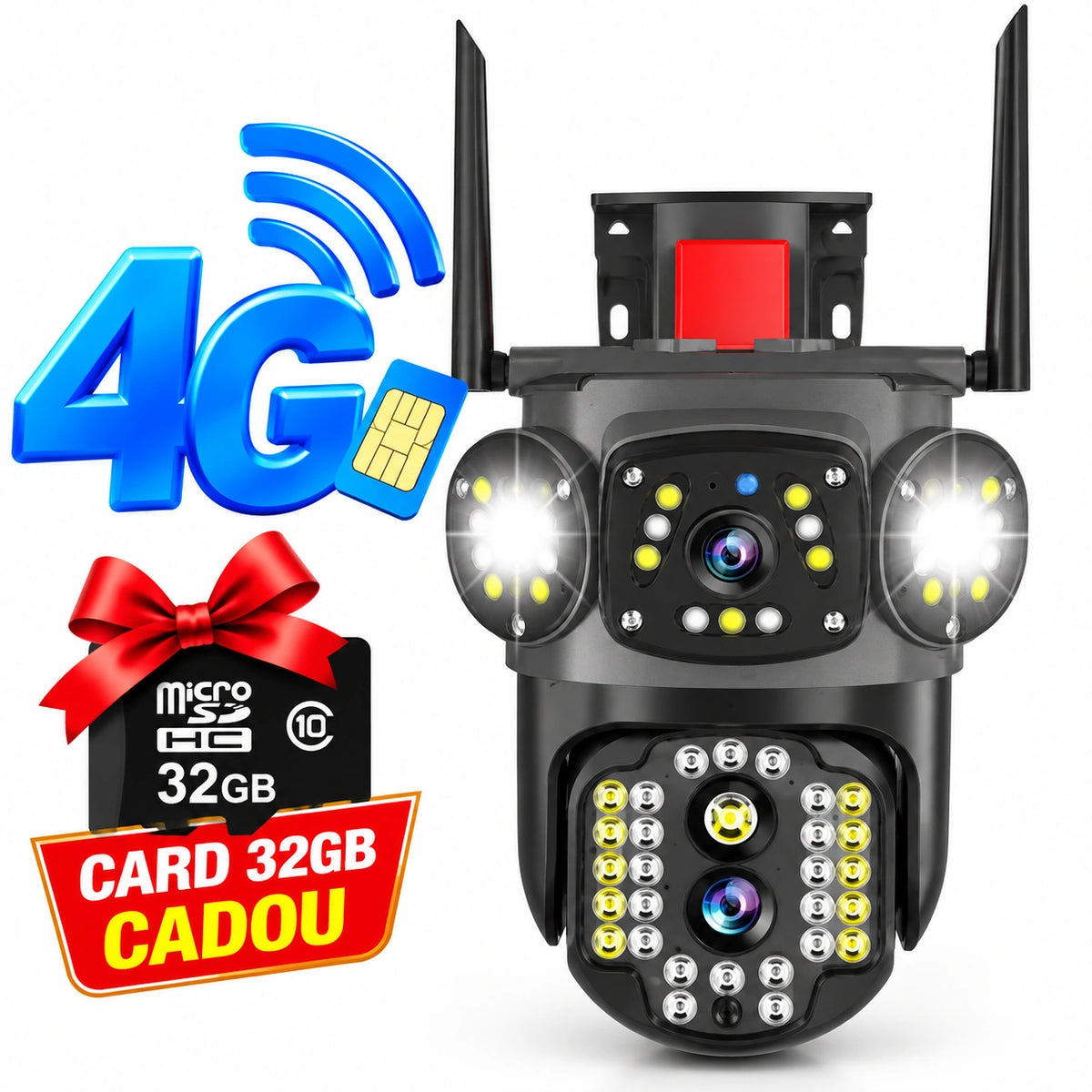 Cameră de Supraveghere 4G cu Cartelă SIM și conexiune Cablu Internet Exterior, interior, 4 Lentile, Rotire 355°, 12MP Vedere Nocturnă Color, Detecție Inteligentă AI, Audio Bidirecțional, Rezistentă la Apă IP66, Card 32GB Cadou