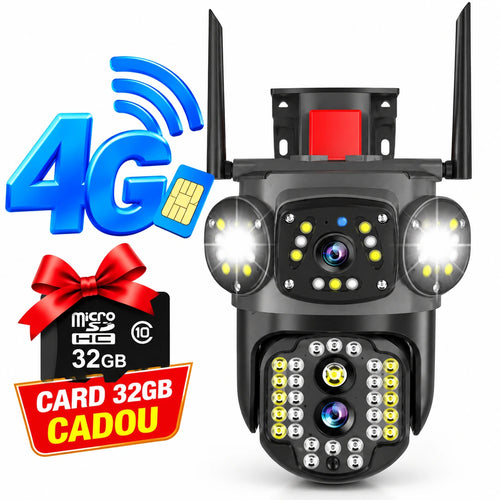 Cameră de Supraveghere 4G cu Cartelă SIM și conexiune Cablu Internet Exterior, interior, 4 Lentile, Rotire 355°, 12MP Vedere Nocturnă Color, Detecție Inteligentă AI, Audio Bidirecțional, Rezistentă la Apă IP66, Card 32GB Cadou