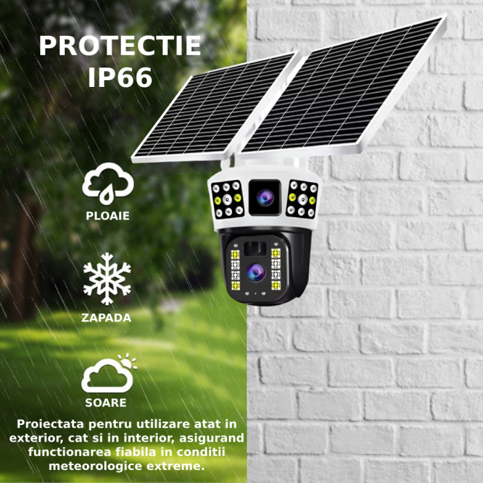 Camera de supraveghere 4G, Cu Panou Solar, 2 camere video integrate, 4 Lentile, 6MP, 4K, Vedere Panoramica, exterior/Interior 10X zoom, procesor AI, rotire rapida din aplicatie, vedere nocturna color, senzor de miscare, lumina LED, inteligenta de urmarire