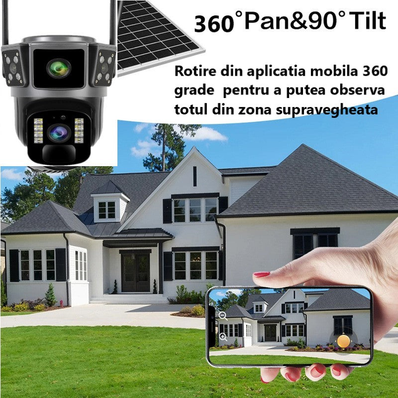 Camera de supraveghere 4G, Cu Panou Solar, 2 camere video integrate, 4 Lentile, 6MP, 4K, Vedere Panoramica, exterior/Interior 10X zoom, procesor AI, rotire rapida din aplicatie, vedere nocturna color, senzor de miscare, lumina LED, inteligenta de urmarire
