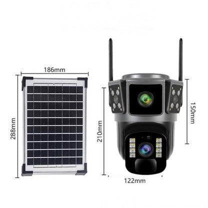 Camera de supraveghere 4G, Cu Panou Solar, 2 camere video integrate, 4 Lentile, 6MP, 4K, Vedere Panoramica, exterior/Interior 10X zoom, procesor AI, rotire rapida din aplicatie, vedere nocturna color, senzor de miscare, lumina LED, inteligenta de urmarire