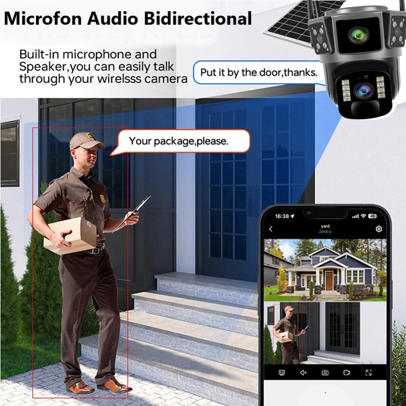 Camera de supraveghere 4G, Cu Panou Solar, 2 camere video integrate, 4 Lentile, 6MP, 4K, Vedere Panoramica, exterior/Interior 10X zoom, procesor AI, rotire rapida din aplicatie, vedere nocturna color, senzor de miscare, lumina LED, inteligenta de urmarire