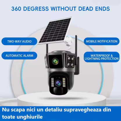 Camera de supraveghere 4G, Cu Panou Solar, 2 camere video integrate, 4 Lentile, 6MP, 4K, Vedere Panoramica, exterior/Interior 10X zoom, procesor AI, rotire rapida din aplicatie, vedere nocturna color, senzor de miscare, lumina LED, inteligenta de urmarire