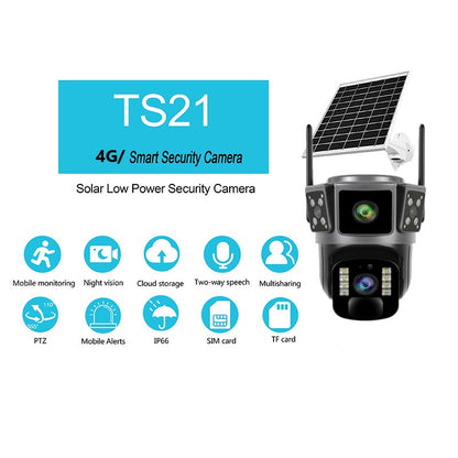 Camera de supraveghere 4G, Cu Panou Solar, 2 camere video integrate, 4 Lentile, 6MP, 4K, Vedere Panoramica, exterior/Interior 10X zoom, procesor AI, rotire rapida din aplicatie, vedere nocturna color, senzor de miscare, lumina LED, inteligenta de urmarire