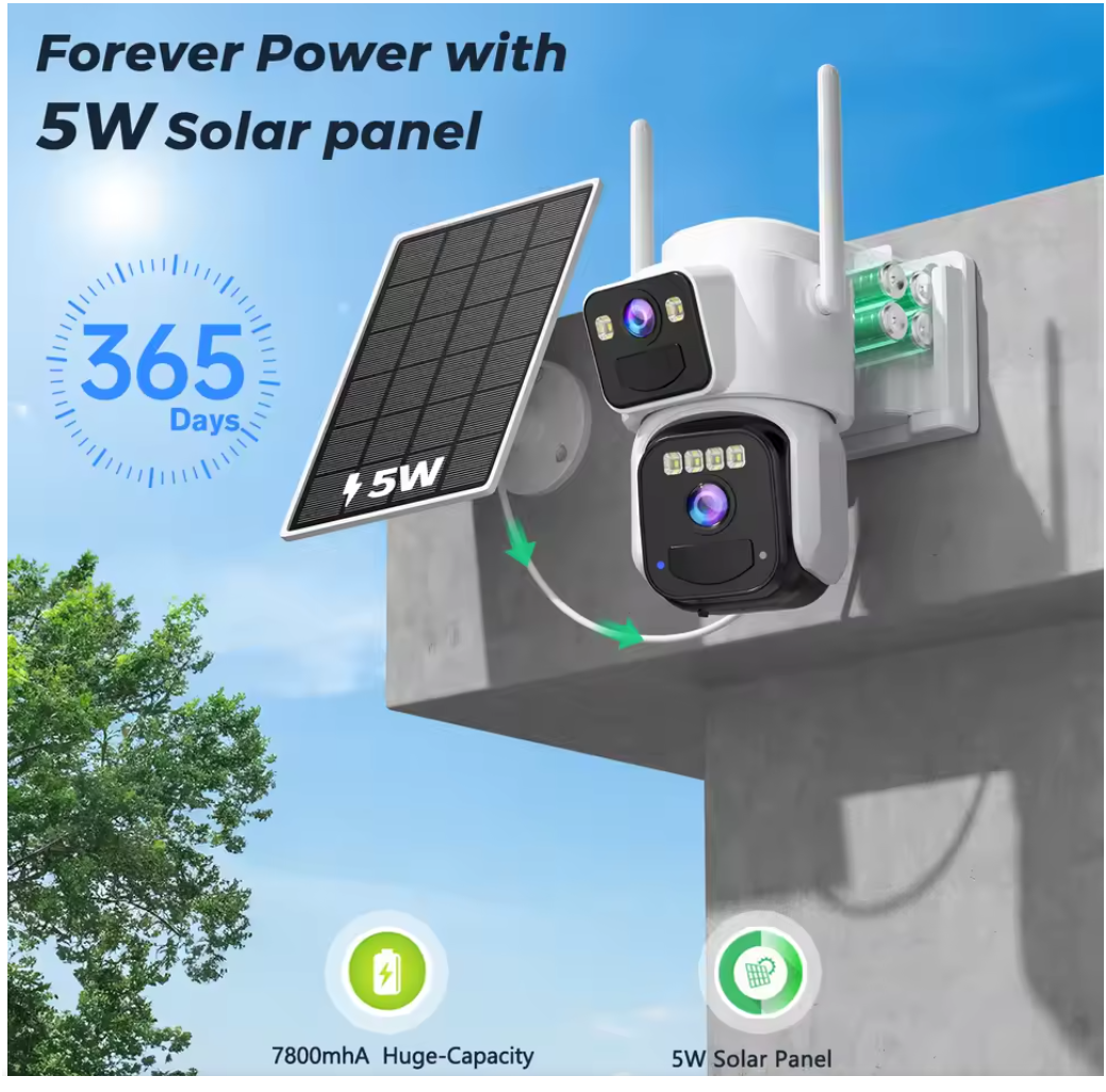 Camera de supraveghere 4G cu Panou Solar Dubla, 2 camere video integrate, 6MP, 4K, Vedere Panoramica, 2 lentile, 8X zoom, Detectare Umana, rotire rapida din aplicatie, vedere nocturna color, senzor de miscare, inteligenta de urmarire