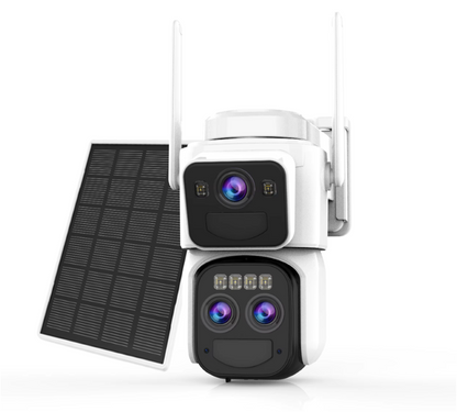 Camera de supraveghere 4G cu Panou Solar Dubla, 2 camere video integrate, 6MP, 4K, Vedere Panoramica, 2 lentile, 8X zoom, Detectare Umana, rotire rapida din aplicatie, vedere nocturna color, senzor de miscare, inteligenta de urmarire
