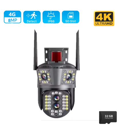 Camera Tripla de Supraveghere 8MP, Conexiune 4G si cablu de retea, 3 camere video integrate, 4 Lentile, 4K, Vedere Panoramica, Exterior/Interior 10X zoom, procesor AI, vedere nocturna color, senzor de miscare, lumina LED, inteligenta de urmarire