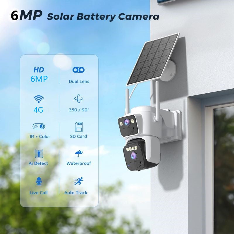 Camera de supraveghere 4G cu Panou Solar Dubla, 2 camere video integrate, 6MP, 4K, Vedere Panoramica, 2 lentile, 8X zoom, Detectare Umana, rotire rapida din aplicatie, vedere nocturna color, senzor de miscare, inteligenta de urmarire