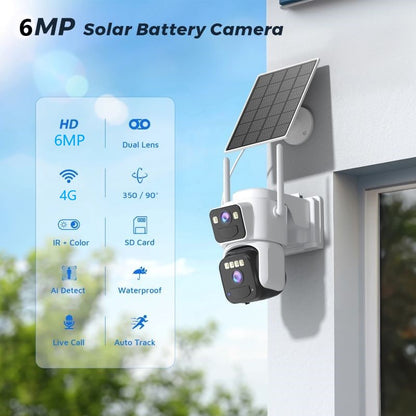 Camera de supraveghere 4G cu Panou Solar Dubla, 2 camere video integrate, 6MP, 4K, Vedere Panoramica, 2 lentile, 8X zoom, Detectare Umana, rotire rapida din aplicatie, vedere nocturna color, senzor de miscare, inteligenta de urmarire