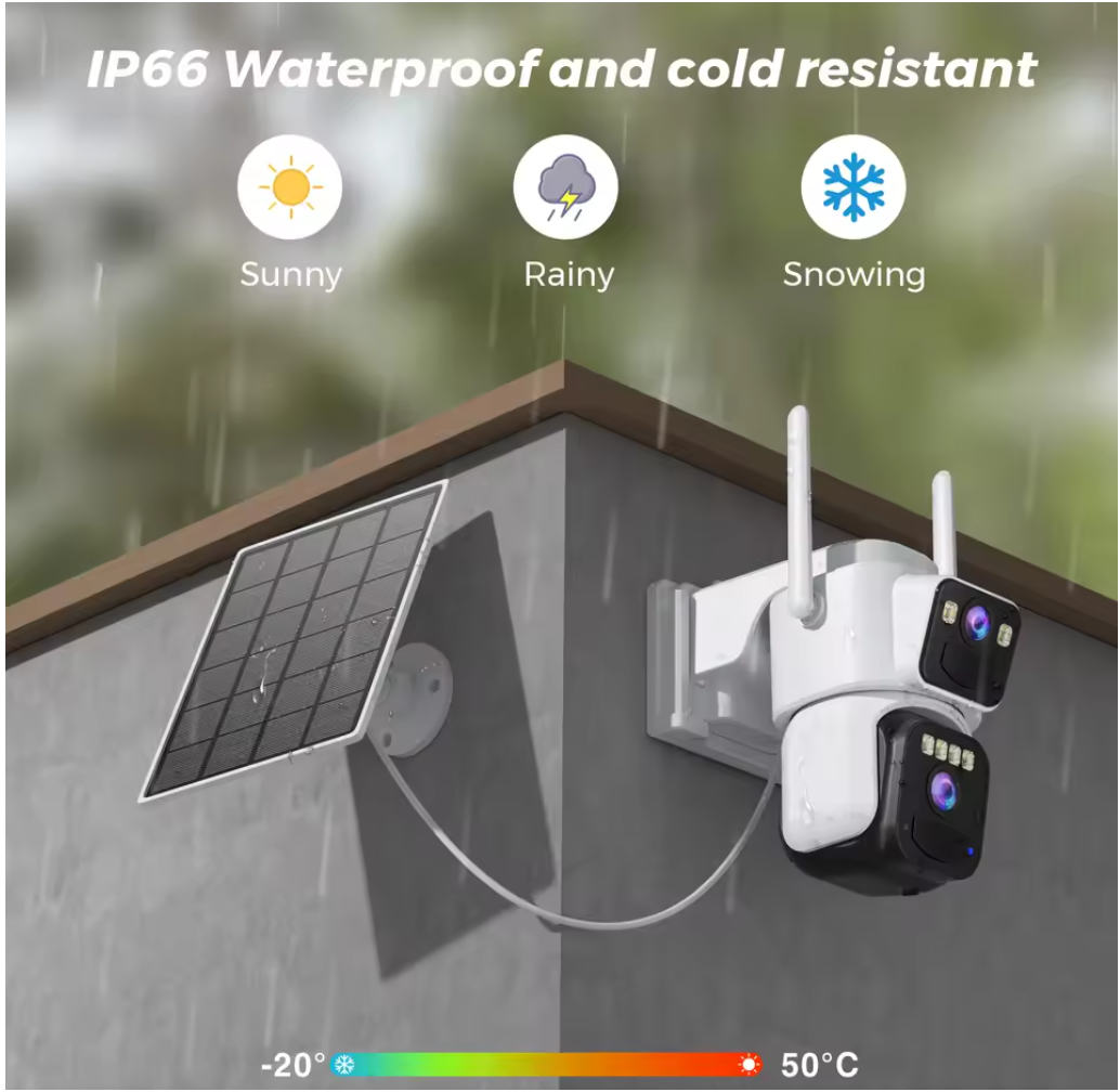 Camera de supraveghere 4G cu Panou Solar Dubla, 2 camere video integrate, 6MP, 4K, Vedere Panoramica, 2 lentile, 8X zoom, Detectare Umana, rotire rapida din aplicatie, vedere nocturna color, senzor de miscare, inteligenta de urmarire