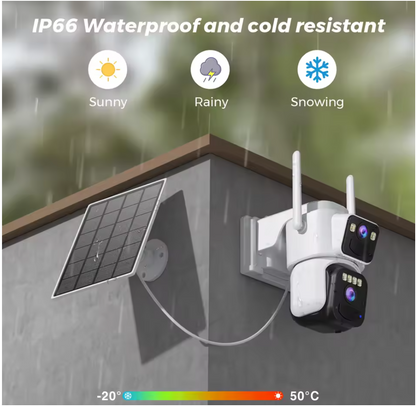 Camera de supraveghere 4G cu Panou Solar Dubla, 2 camere video integrate, 6MP, 4K, Vedere Panoramica, 2 lentile, 8X zoom, Detectare Umana, rotire rapida din aplicatie, vedere nocturna color, senzor de miscare, inteligenta de urmarire