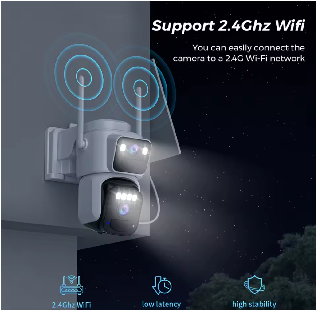 Camera de supraveghere 4G cu Panou Solar Dubla, 2 camere video integrate, 6MP, 4K, Vedere Panoramica, 2 lentile, 8X zoom, Detectare Umana, rotire rapida din aplicatie, vedere nocturna color, senzor de miscare, inteligenta de urmarire
