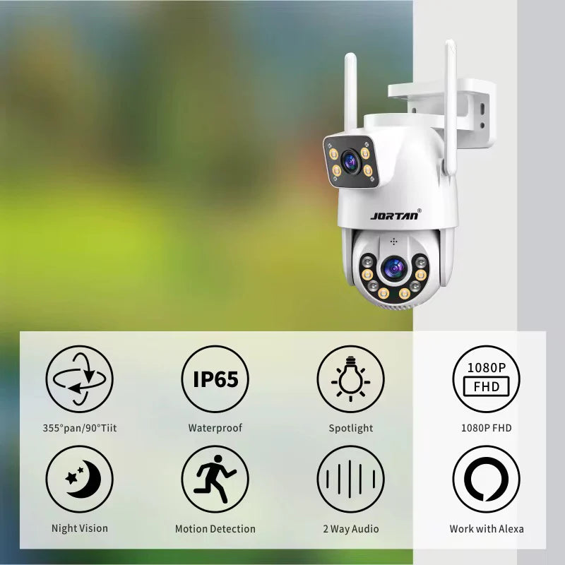 Camera Supraveghere 8K Jortan Duala Ultra HD 8MP, Vedere color noaptea, Rotire 360°, 10X Zoom, inteligenta de urmarire, IP66, Acoperire Panoramică