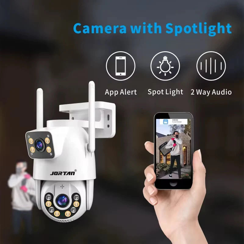 Camera Supraveghere 8K Jortan Duala Ultra HD 8MP, Vedere color noaptea, Rotire 360°, 10X Zoom, inteligenta de urmarire, IP66, Acoperire Panoramică