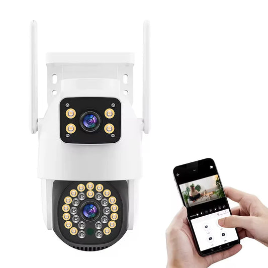 Camera de Supraveghere Dubla Jortan 5K Ultra HD 6MP, 2 Lentile Vedere color noaptea, Rotire 360°, Procesor AI, inteligenta de urmarire, IP66