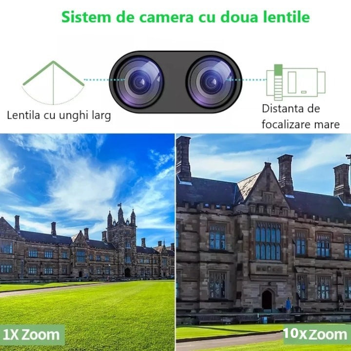 Camera de supraveghere Dubla WIFI, Cu 2 camere video Fixa si Mobila, Ultra HD 4K, 6MP, exterior/Interior 10X zoom, 2 lentile, vedere color noaptea, senzor inteligent de miscare
