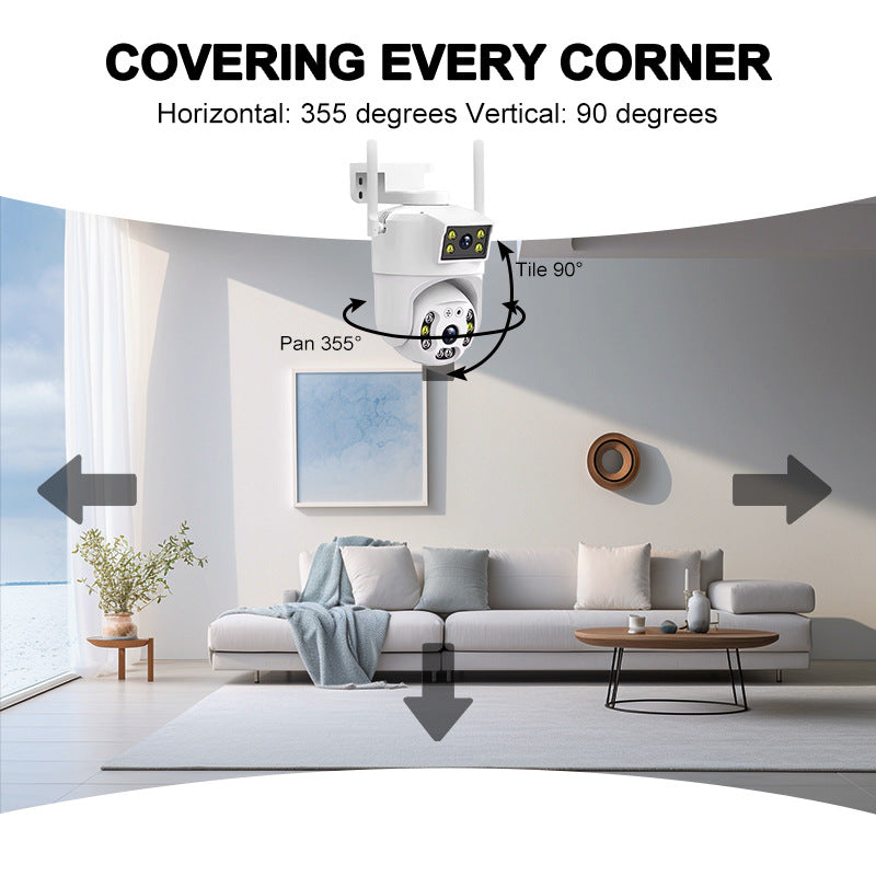 Camera de supraveghere Dubla WIFI, Cu 2 camere video Fixa si Mobila, Ultra HD 4K, 6MP, exterior/Interior 10X zoom, 2 lentile, vedere color noaptea, senzor inteligent de miscare