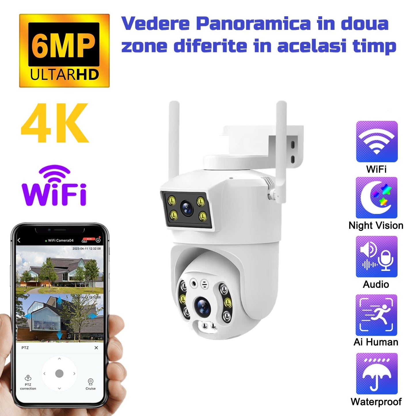 Camera de supraveghere Dubla WIFI, Cu 2 camere video Fixa si Mobila, Ultra HD 4K, 6MP, exterior/Interior 10X zoom, 2 lentile, vedere color noaptea, senzor inteligent de miscare
