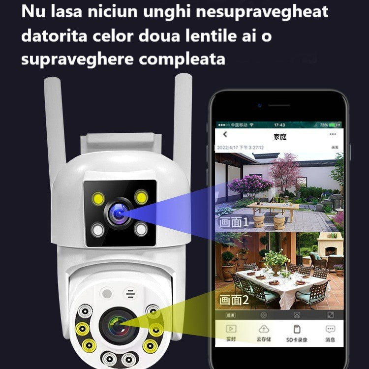 Camera de supraveghere Dubla WIFI, Cu 2 camere video Fixa si Mobila, Ultra HD 4K, 6MP, exterior/Interior 10X zoom, 2 lentile, vedere color noaptea, senzor inteligent de miscare