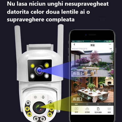 Camera de supraveghere Dubla WIFI, Cu 2 camere video Fixa si Mobila, Ultra HD 4K, 6MP, exterior/Interior 10X zoom, 2 lentile, vedere color noaptea, senzor inteligent de miscare