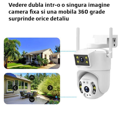 Camera de supraveghere Dubla WIFI, Cu 2 camere video Fixa si Mobila, Ultra HD 4K, 6MP, exterior/Interior 10X zoom, 2 lentile, vedere color noaptea, senzor inteligent de miscare