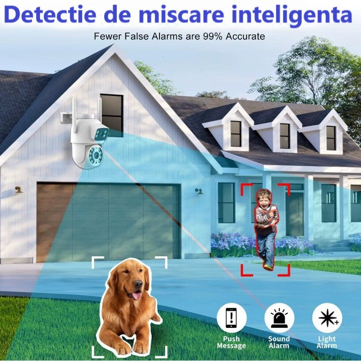 Camera de supraveghere Dubla WIFI, Cu 2 camere video Fixa si Mobila, Ultra HD 4K, 6MP, exterior/Interior 10X zoom, 2 lentile, vedere color noaptea, senzor inteligent de miscare