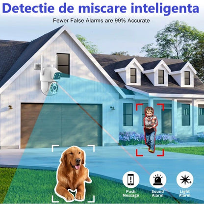 Camera de supraveghere Dubla WIFI, Cu 2 camere video Fixa si Mobila, Ultra HD 4K, 6MP, exterior/Interior 10X zoom, 2 lentile, vedere color noaptea, senzor inteligent de miscare