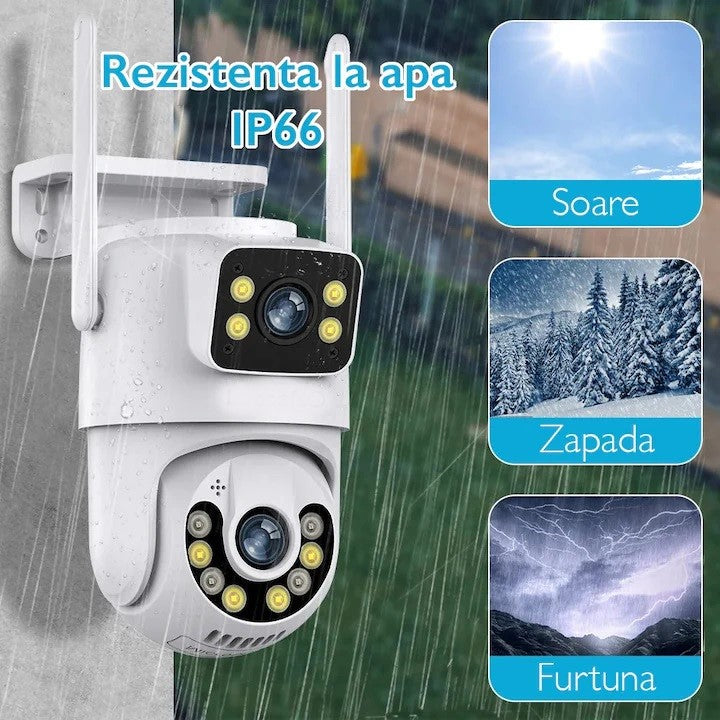 Camera de supraveghere Dubla WIFI, Cu 2 camere video Fixa si Mobila, Ultra HD 4K, 6MP, exterior/Interior 10X zoom, 2 lentile, vedere color noaptea, senzor inteligent de miscare