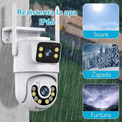 Camera de supraveghere Dubla WIFI, Cu 2 camere video Fixa si Mobila, Ultra HD 4K, 6MP, exterior/Interior 10X zoom, 2 lentile, vedere color noaptea, senzor inteligent de miscare