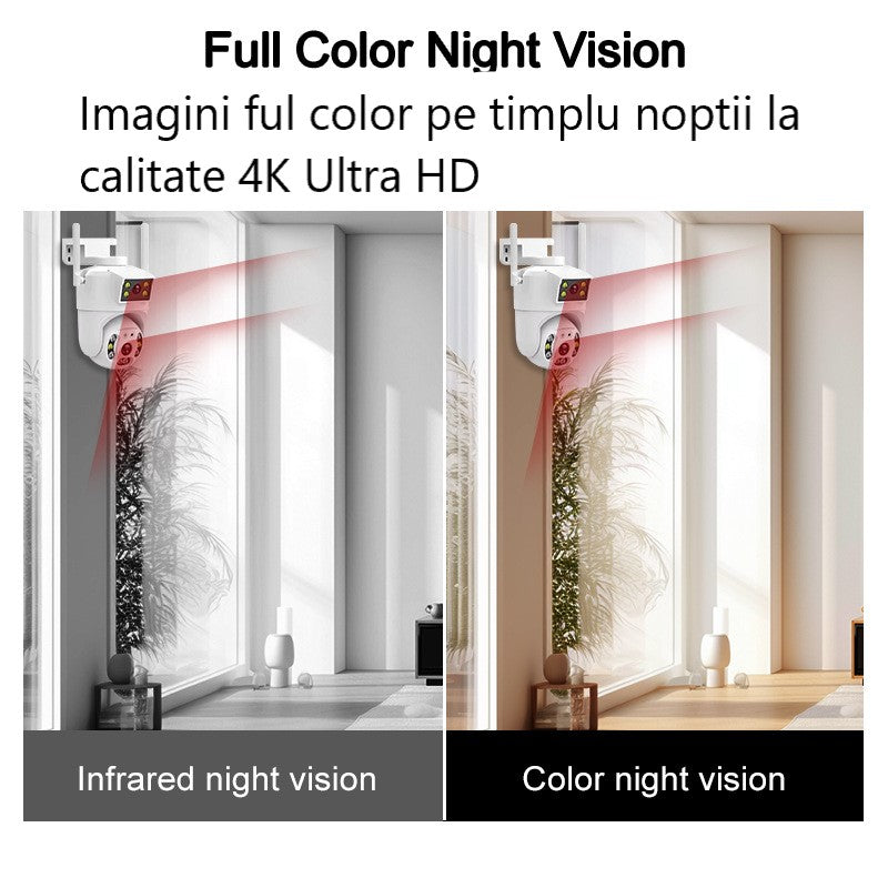 Camera de supraveghere Dubla WIFI, Cu 2 camere video Fixa si Mobila, Ultra HD 4K, 6MP, exterior/Interior 10X zoom, 2 lentile, vedere color noaptea, senzor inteligent de miscare