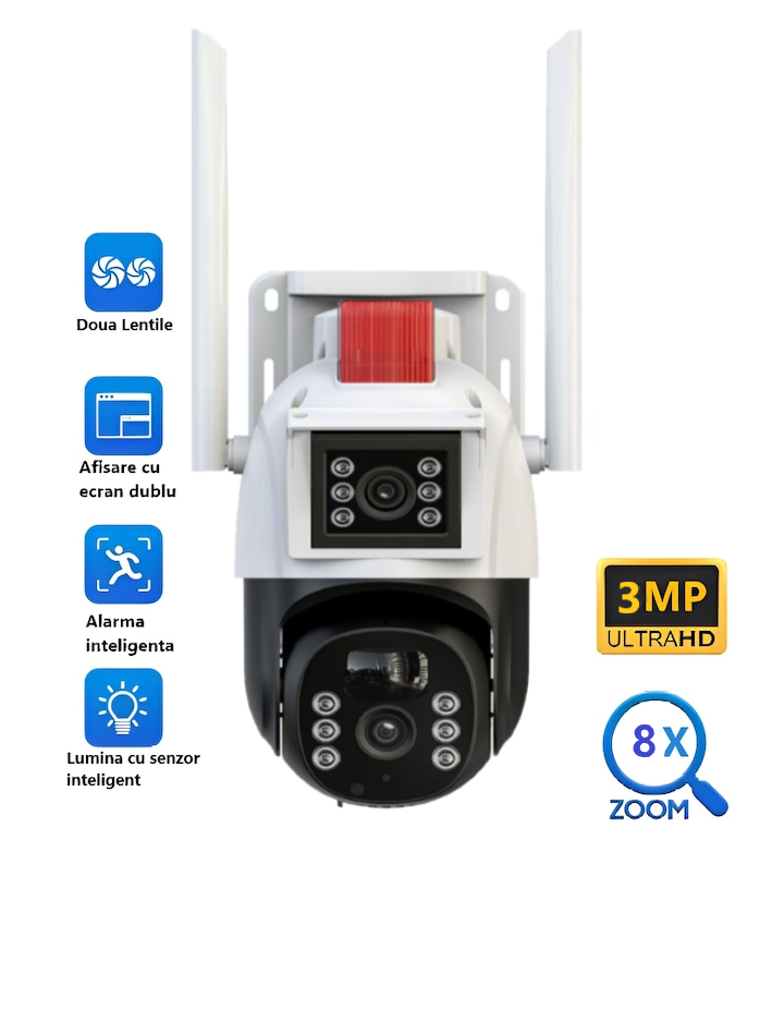 Camera de supraveghere dubla WIFI, Cu 2 camere video integrate, 6MP, Full HD+ 4K, exterior/Interior 8X zoom, rotire rapida din aplicatie, 2 lentile, vedere nocturna color, senzor de miscare, lumina LED, inteligenta de urmarire, IP66