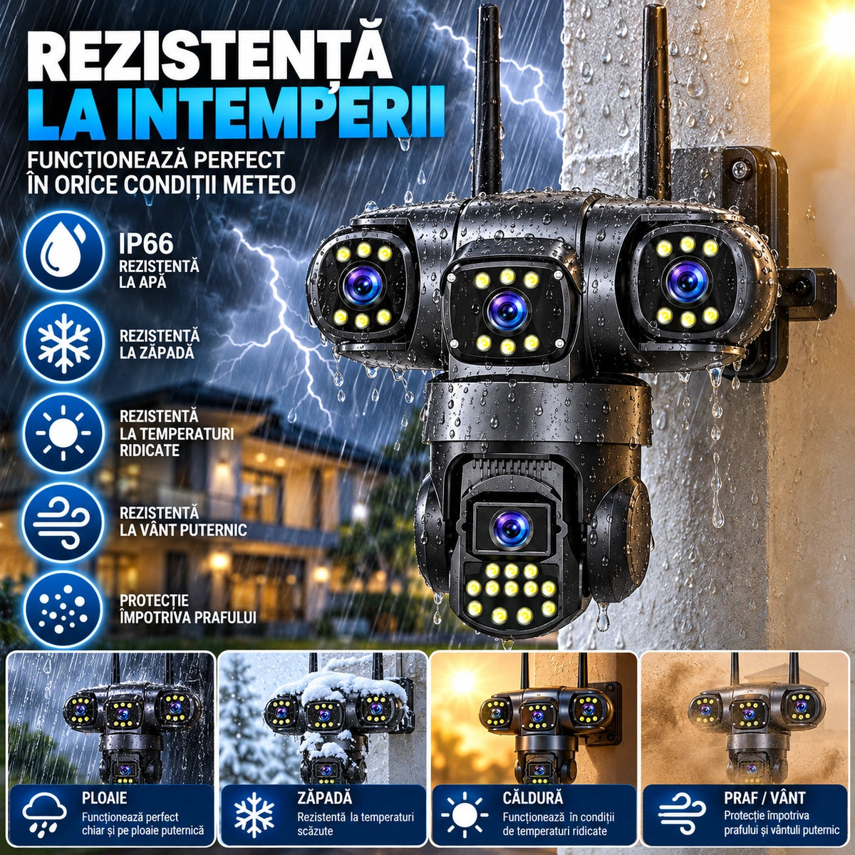 Cameră de Supraveghere Exterior 4G cu Cartelă SIM, 12MP, 3 camere Rotative, Monitorizare 3 Zone Simultan, Rotire 355°, Detecție Inteligentă AI, Vedere Nocturnă Color, Audio Bidirecțional, IP66 + Card 32GB Cadou