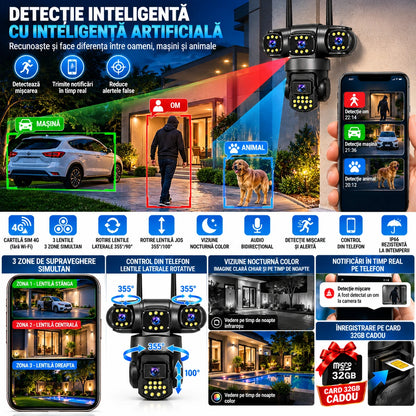 Cameră de Supraveghere Exterior 4G cu Cartelă SIM, 12MP, 3 camere Rotative, Monitorizare 3 Zone Simultan, Rotire 355°, Detecție Inteligentă AI, Vedere Nocturnă Color, Audio Bidirecțional, IP66 + Card 32GB Cadou
