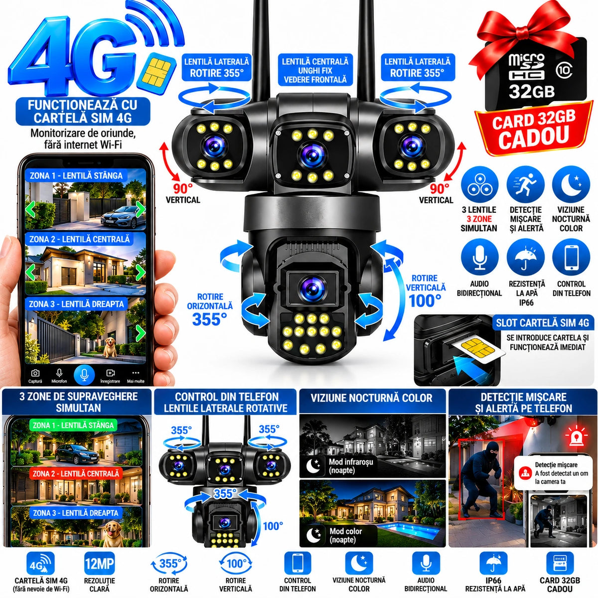 Cameră de Supraveghere Exterior 4G cu Cartelă SIM, 12MP, 3 camere Rotative, Monitorizare 3 Zone Simultan, Rotire 355°, Detecție Inteligentă AI, Vedere Nocturnă Color, Audio Bidirecțional, IP66 + Card 32GB Cadou