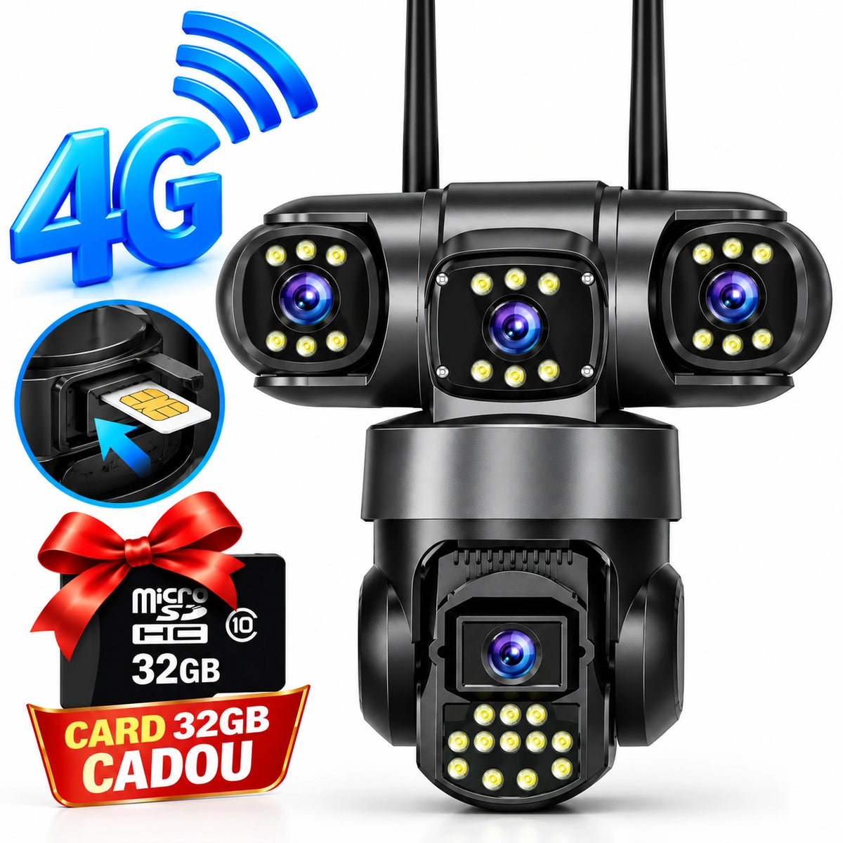 Cameră de Supraveghere Exterior 4G cu Cartelă SIM, 12MP, 3 camere Rotative, Monitorizare 3 Zone Simultan, Rotire 355°, Detecție Inteligentă AI, Vedere Nocturnă Color, Audio Bidirecțional, IP66 + Card 32GB Cadou