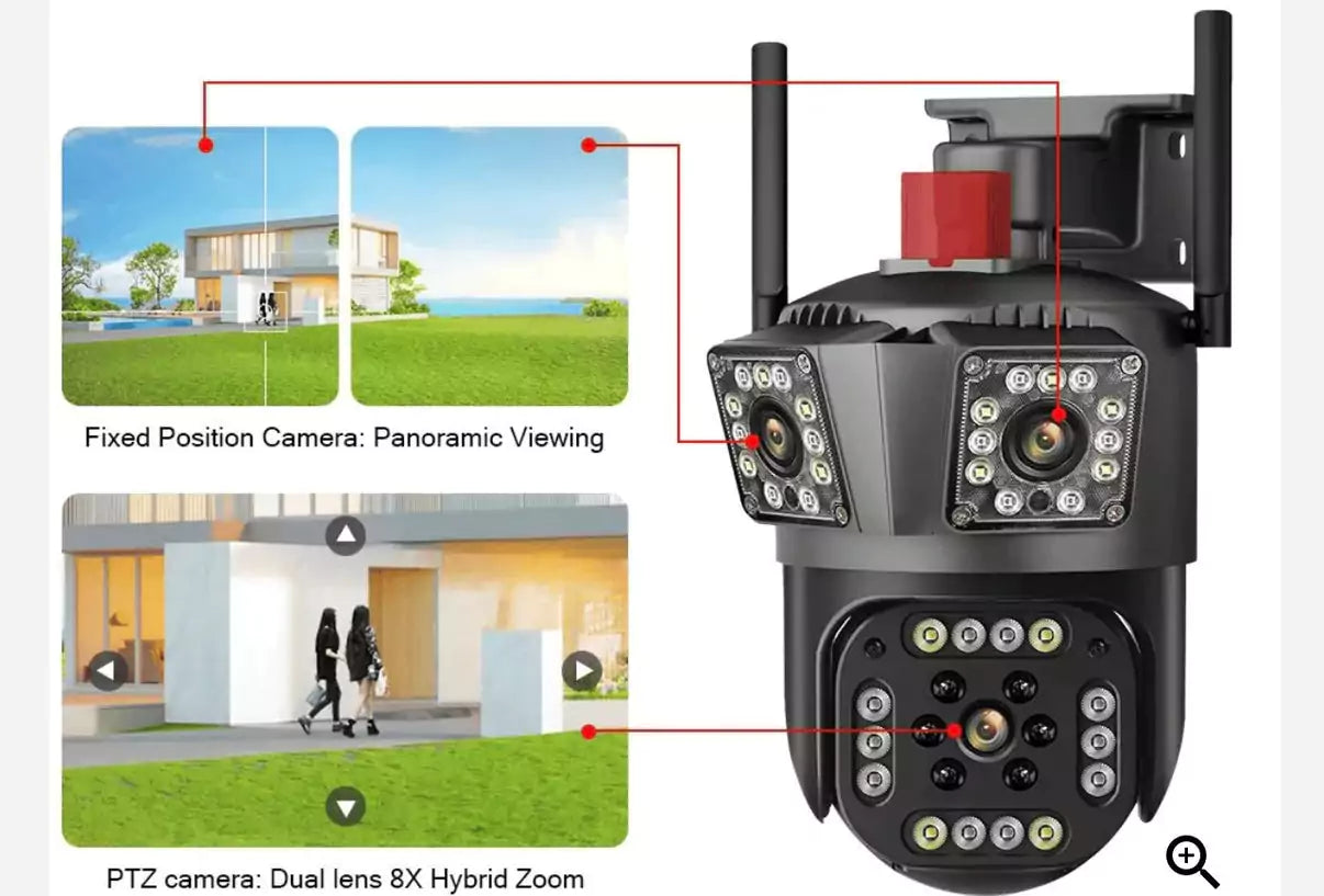 Cameră de Supraveghere Exterior cu 3 Lentile, 12MP, Zoom 10X, Viziune Panoramică 360°