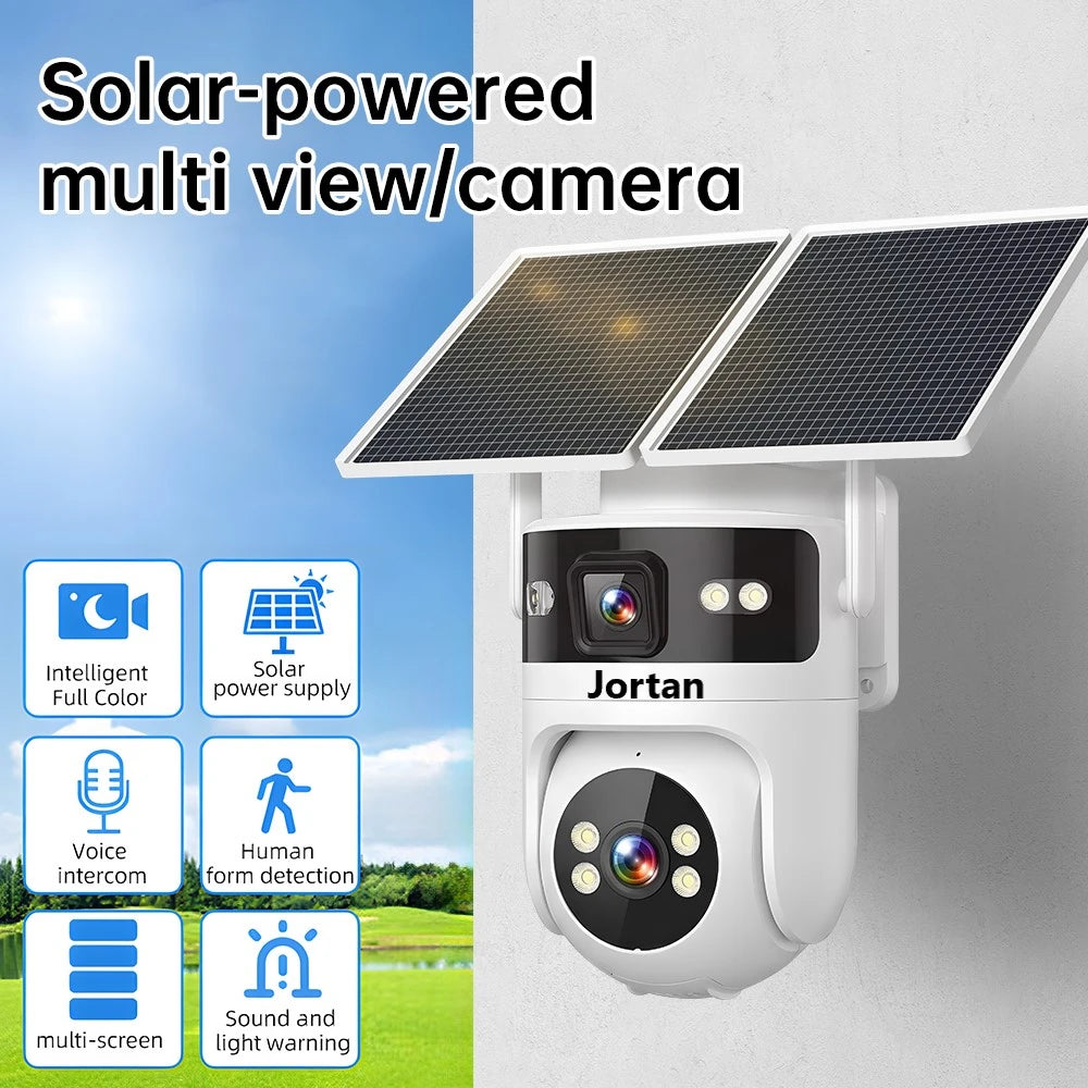 Camera de supraveghere Jortan 4G Cu Panou Solar, 8MP 6K dubla, 10X zoom, procesor AI, rotire rapida din aplicatie, 2 lentile, vedere nocturna color, senzor de miscare, lumina LED, Card cadou