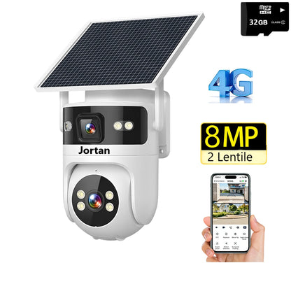 Camera de supraveghere Jortan 4G Cu Panou Solar, 8MP 6K dubla, 10X zoom, procesor AI, rotire rapida din aplicatie, 2 lentile, vedere nocturna color, senzor de miscare, lumina LED, Card cadou