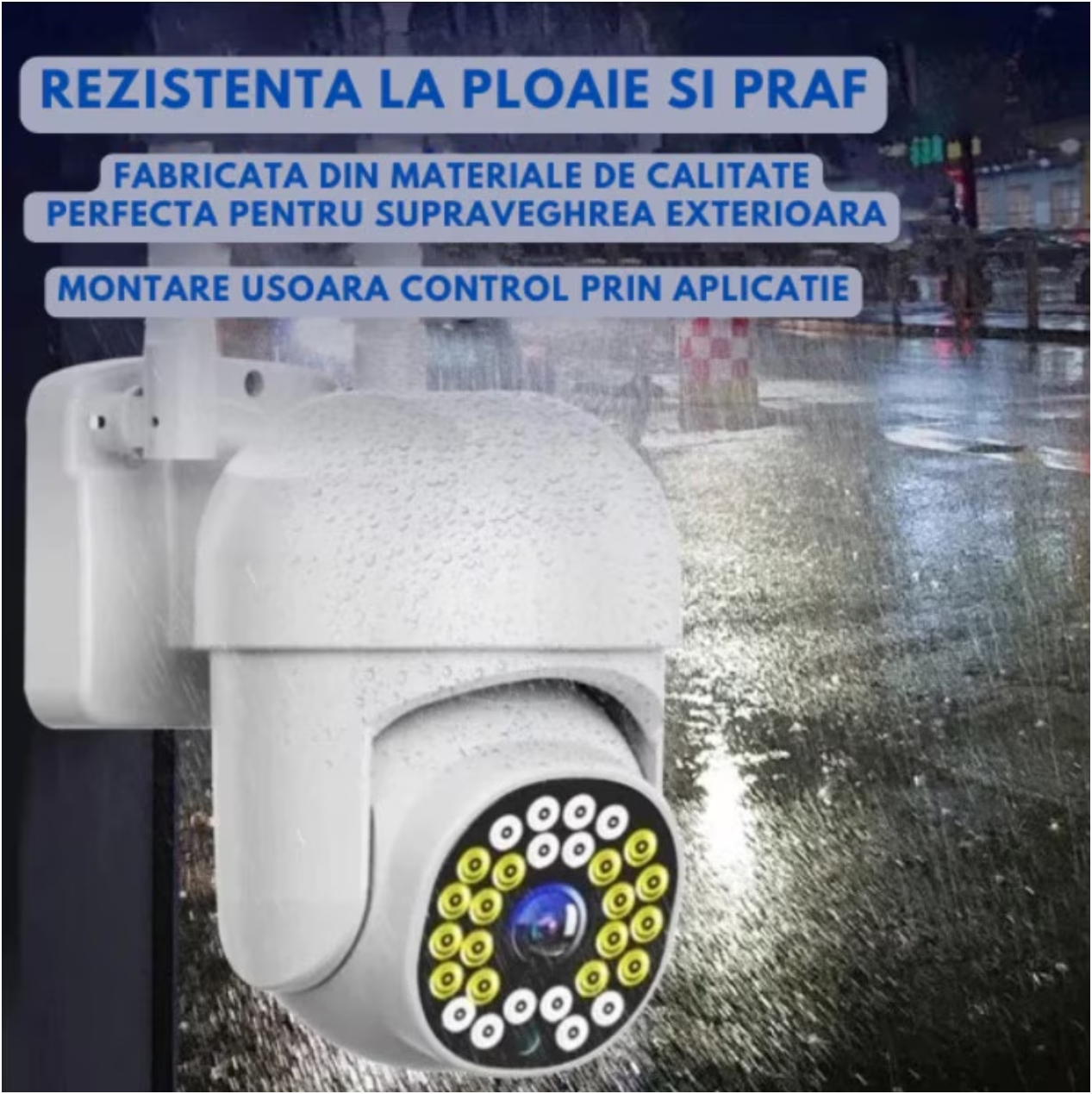 Camera de Supraveghere Jortan Wifi inteligenta, cu Detectie de miscare, Full HD, 32 Leduri de lumina, Rotire din Aplicatie 360 de grade, IP66, Vedere Color Pe Timp de Noapte