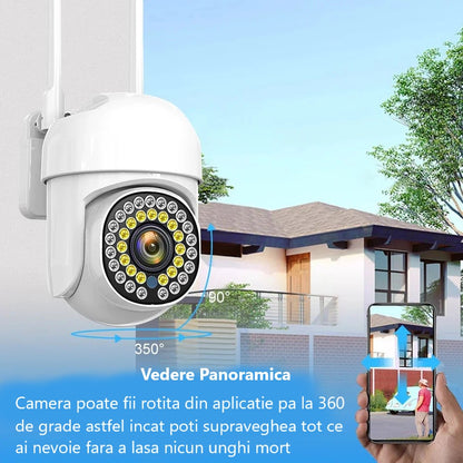 Camera de Supraveghere Jortan Wifi inteligenta, cu Detectie de miscare, Full HD, 32 Leduri de lumina, Rotire din Aplicatie 360 de grade, IP66, Vedere Color Pe Timp de Noapte